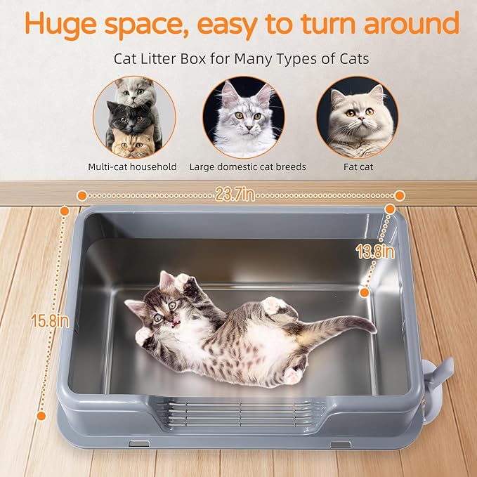 2 Pack Stainless Steel Cat Litter Box with Lid, 23.7" L x 15.8" W x 13.8" H XL Metal Litter Tray for Big Cats, High Sided Enclosure, Non-Sticky, Anti Urine Leakage, Easy Cleaning