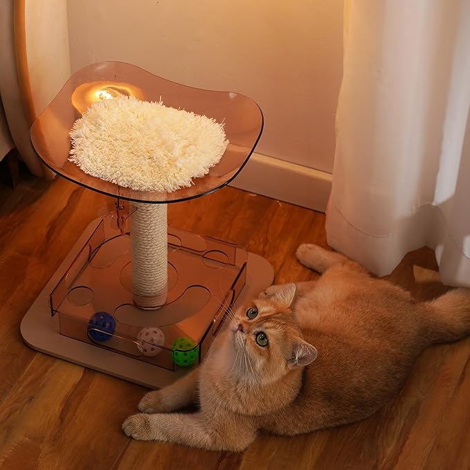 Kicari Modern 3-in-1 Interactive Cat Toy, Puzzle Box Cat Puzzle Toys for Indoor Cats with Bed/Perch, Small Cotton Scratching Posts, Colorful Jingle Balls, Dangling Toy Accent, Acrylic Pink