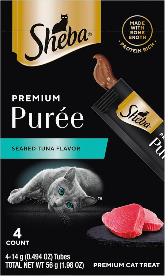 Sheba Premium Puree Cat Treats Lickable Seared Tuna Flavor, 0.49 oz. Tubes, 4 Count (Pack of 11) – Total 44 Count