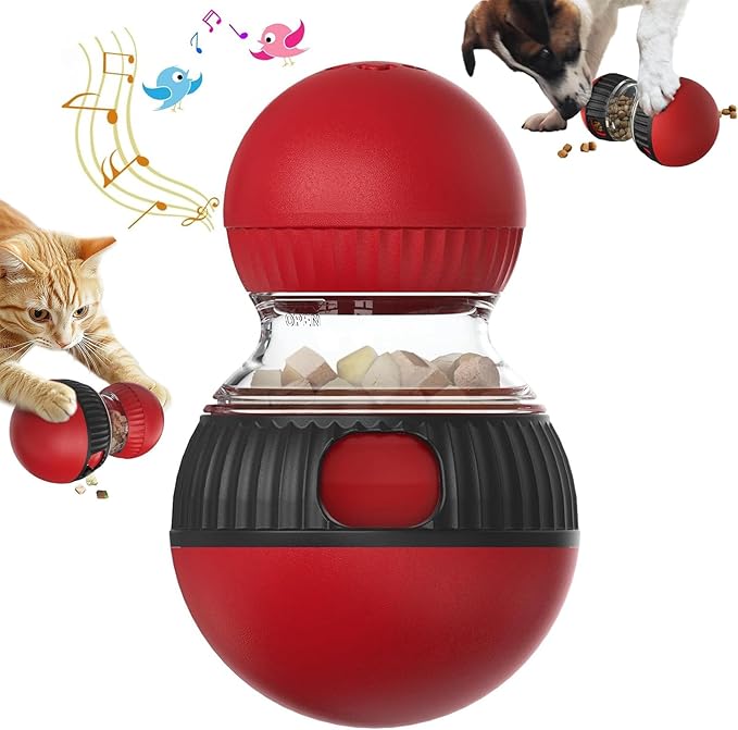 RUIDAY Treat Dispensing Cognitive Dog Toys Dog Puzzle Feeder Toy for Dogs and Cats with Bird Chirping Adjustable Food Dispenser Slow Feeding for Small Medium Large Dogs & Cats (Red)