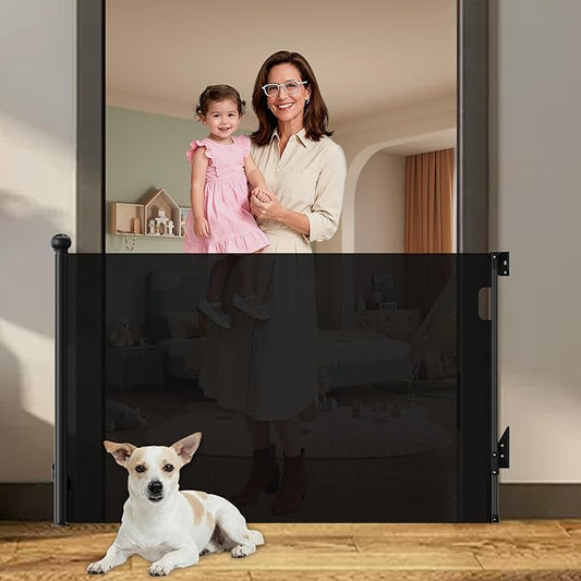 Retractable Baby Gates for Stairs, Dog Gate/Cat Door Expands to 55" x 38", Easy Installation, Secure Closure, Drill/Non-Drill Installations, for Indoor/Outdoor Pet & Baby Home Safety (Black)