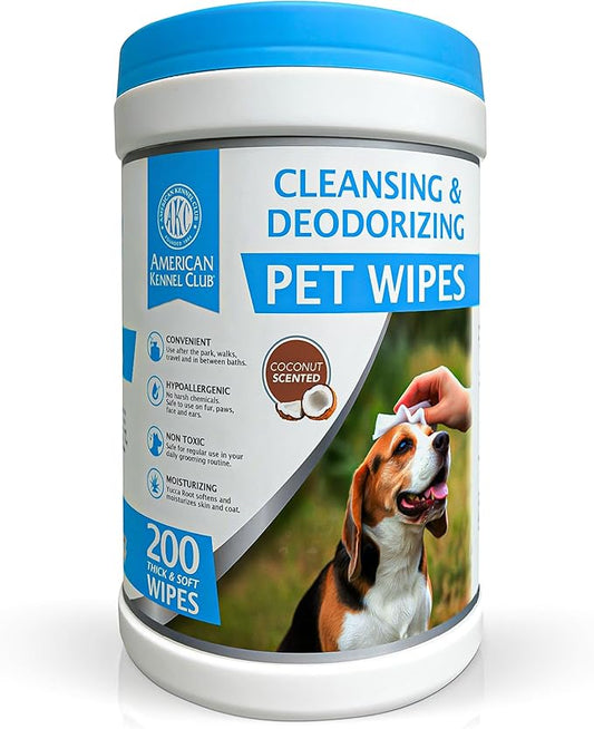 American Kennel Club Pet Cleansing Wipes Canister – 200ct – Gentle Grooming & Quick Clean-Up for Dogs & Cats – Chemical-Free, Soft, and Safe for Paws, Face, Ears, and Coat – Portable & Moist