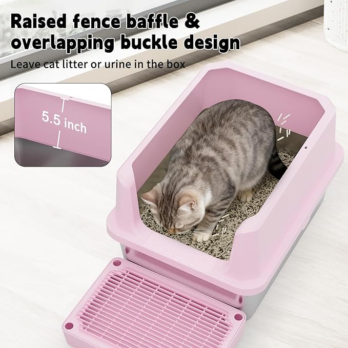 RIZZARI Cat Litter Box Large: Pink Stainless Steel Leakproof Open Top Tray for Odor Control Bathroom Balcony Use - Multi-Cat Household Solution