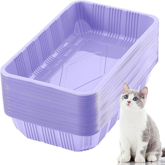 Tessco for you 60 Pack Cat Disposable Litter Boxes Plastic Kitty Litter Trays Recyclable Pans for Pet Travel, 16.7 x 10.5 x 3.4 Inch (Light Purple)