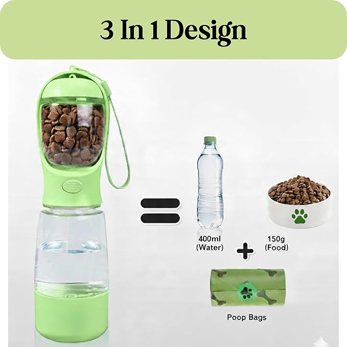 3-in-1 Dog & Cat Water Bottle Portable with Food Container & Poop Bag Holder - BPA Free Travel Pet Dispenser, Leak-Proof Design, Includes 60 Waste Bags, 400ml, Green