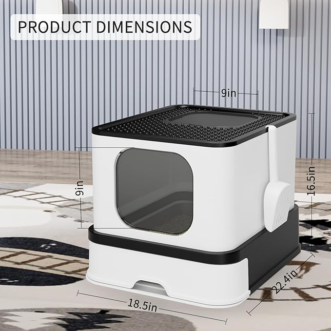 RIZZARI Stainless Steel Litter Box: Extra Large Design Prevents Leaks - Black Enclosed Cat Pan - with Deodorizer for Cats Under 25 lbs - Bathroom Balcony Use