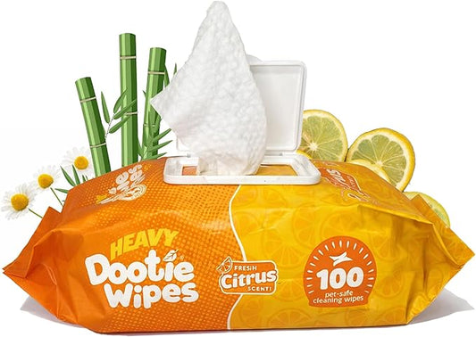HEAVY Dootie Wipes - Convenient Durable Dog Wipes for Paws, Butt with Very Mild Pleasant Citrus Scent, 100 Count - Puppy Essentials Pet wipes, Dog Wipes Cleaning and Deodorizing. Made with Bamboo.