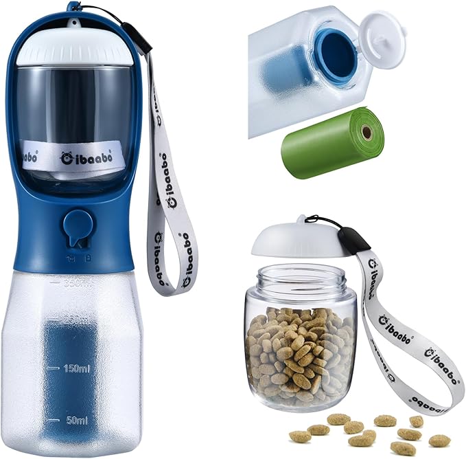 Dog Water Bottle with Food Container & Poop Bag Holder, Travel Water Bowl, Portable Pet Dispenser, Dog Gifts Stuff Accessories Items, Puppy Essentials for Yorkie Chihuahua Walking Hiking