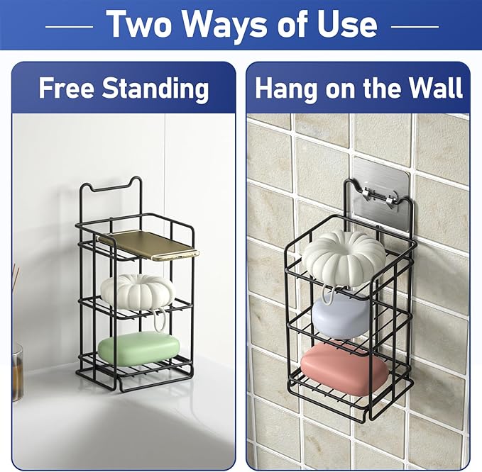 3 Tier Soap Bar Holder, 304 Stainless Steel Soap Dish for Bathroom, Removable Sponge Rack for Kitchen Sink (Black)