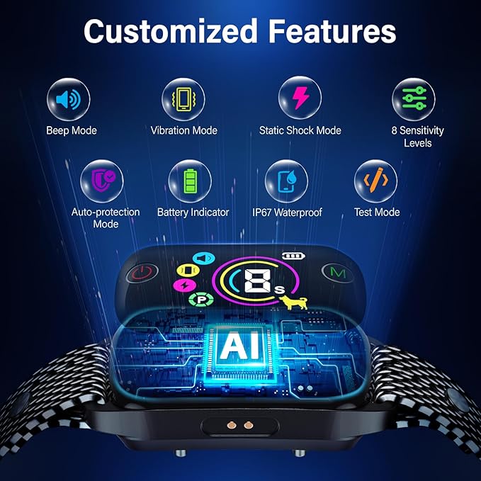 Dog Bark Collar for Large Medium Small Dogs, Rechargeable Bark Collar, Anti Barking Training Collarwith 8 Sensitivity Levels, Beep/Vibration Modes, Auto Correction for Dogs, IP67 Waterproof