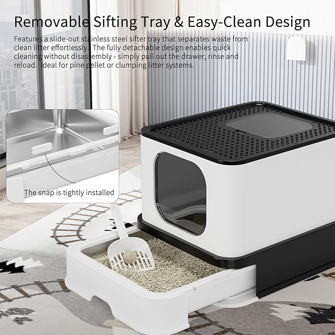 RIZZARI Stainless Steel Litter Box: Extra Large Design Prevents Leaks - Black Enclosed Cat Pan - with Deodorizer for Cats Under 25 lbs - Bathroom Balcony Use