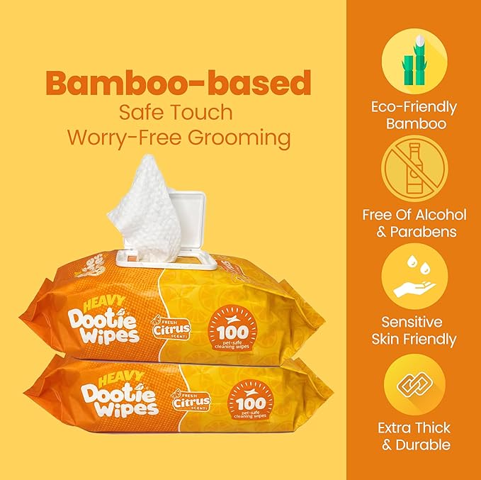HEAVY Dootie Wipes - Convenient Durable Dog Wipes for Paws, Butt with Very Mild Pleasant Citrus Scent, 100 Count - Puppy Essentials Pet wipes, Dog Wipes Cleaning and Deodorizing. Made with Bamboo.
