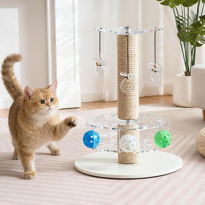 Kicari Modern 3-in-1 Interactive Cat Toy, Rotating Puzzle Box Cat Puzzle Toys for Indoor Cats with Colorful Jingle Balls, Small Scratching Post, Spinning Teaser Disc with Dangling Toys, Acrylic White