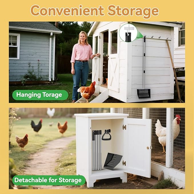 Chicken Poop Scooper for Sand 2-in-1, Heavy Duty Chicken Scooper for Poop with 35" to 65" Stainless Steel Handle, Chicken Coop Scooper Rake, Litter Scooper Sand Sifting Shovel for Chicken Coops & Pet