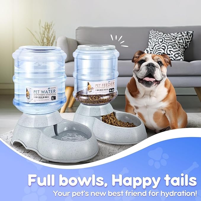 Flexzion Automatic Dog Feeder and Water Dispenser Set - 2 Pack, Self Dispensing Pet Gravity Feeder Dog Cat Food and Water Bowl Combo, 1 Gallon Automatic Water and Food Dispenser for Dogs and Cats