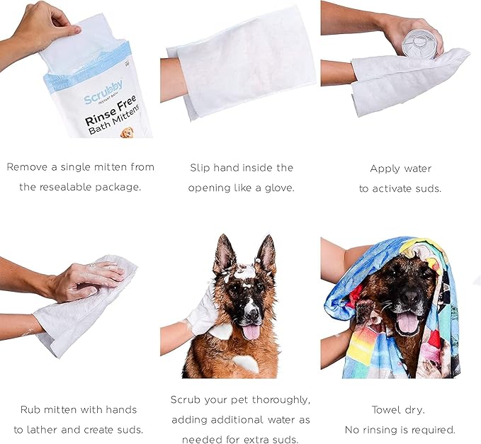 No Rinse Wipes | Rinse Free Shampoo Mittens | Dogs & Cats | Bath Wipes | Bathing & Washing Pets, Hypoallergenic | No Rinse Wash Mitt | Grooming, Lather Wipe Dry - Pack of 20