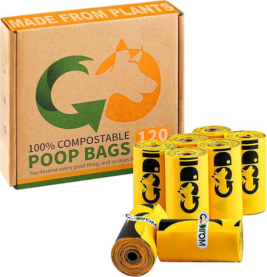Certified 100% Home Compostable Poop Bags for Dogs, 120 Count Guaranteed Leak Proof and 18 Microns Extra Thick Waste Bag, 8 Rolls of Plant Based Doggie Poop Bag, No Scented with ASTM D6400 & EN13432