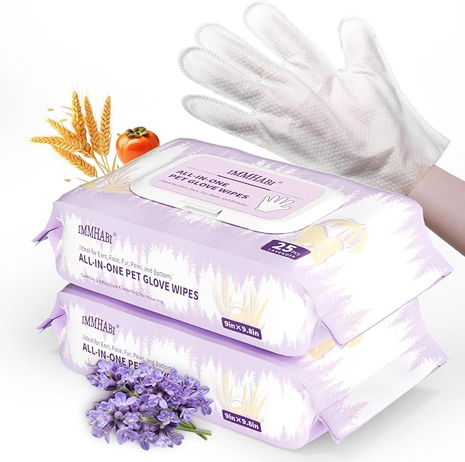 50 Pcs Cleaning Deodorizing Pet Glove Wipes for Dogs & Cats, Hypoallergenic Dog Bath Wipes with Natural Deodorizer Persimmon Tannin, Pet Bathing Wipes for Horse Coat Care Lavender Scent