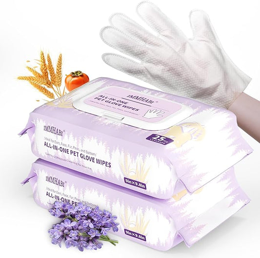 50 Pcs Cleaning Deodorizing Pet Glove Wipes for Dogs & Cats, Hypoallergenic Dog Bath Wipes with Natural Deodorizer Persimmon Tannin, Pet Bathing Wipes for Horse Coat Care Lavender Scent