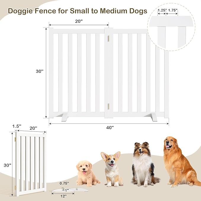 30" Height Tall Freestanding Pet Gate, Solid Wood Folding Safety Fence Wooden Dog Gate with 2 PCs Support Feet Ideal for Stairs, Doorways, Halls, Kitchens, Heavy Duty Gates, 2 Panels, White
