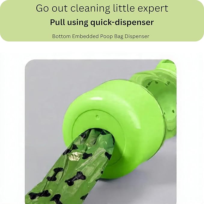 3-in-1 Dog & Cat Water Bottle Portable with Food Container & Poop Bag Holder - BPA Free Travel Pet Dispenser, Leak-Proof Design, Includes 60 Waste Bags, 400ml, Green