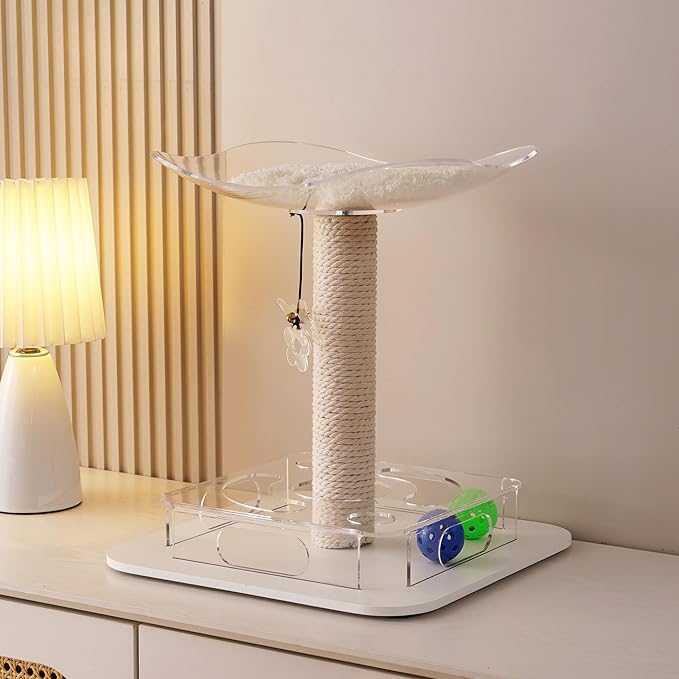 Kicari Modern 3-in-1 Interactive Cat Toy, Puzzle Box Cat Puzzle Toys for Indoor Cats with Bed/Perch, Small Cotton Scratching Posts, Colorful Jingle Balls, Dangling Toy Accent, Acrylic White