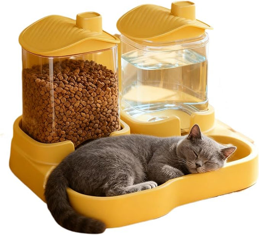 Automatic Cat Feeder, Dog Food and Water Bowl Set, Automatic Pet Feeder and Waterer Combo, 4L Cat Food Dispenser With, Gravity-Based Feeder for Cats and Small Dogs, No Need Electricity (Yellow)