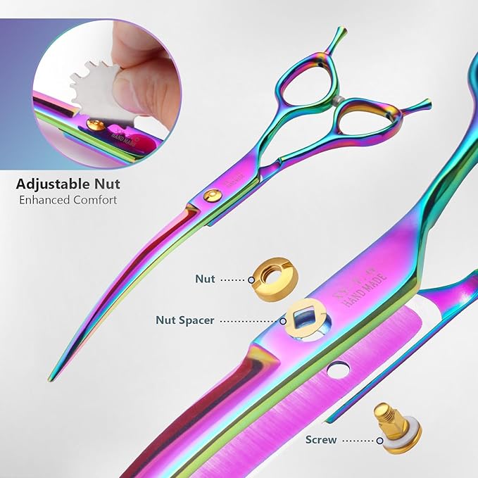 Dog Grooming Scissors, Professional 4 in 1 Dog Shears Set,Chunker Scissers,Curved Scissors,Thinning Shears and Comb for Cat Pet with Left Handed Deg Curved Shear