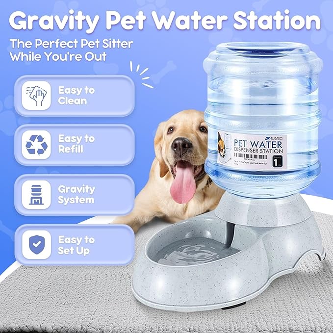 Flexzion Automatic Dog Feeder and Water Dispenser Set - 2 Pack, Self Dispensing Pet Gravity Feeder Dog Cat Food and Water Bowl Combo, 1 Gallon Automatic Water and Food Dispenser for Dogs and Cats