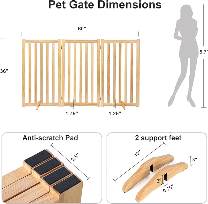 36" Height Extra Tall Freestanding Pet Gate, Solid Wood Folding Safety Fence Wooden Dog Gate with 2 PCs Support Feet Ideal for Stairs, Doorways, Halls, Kitchens, Heavy Duty Gates, 3 Panels, Oak
