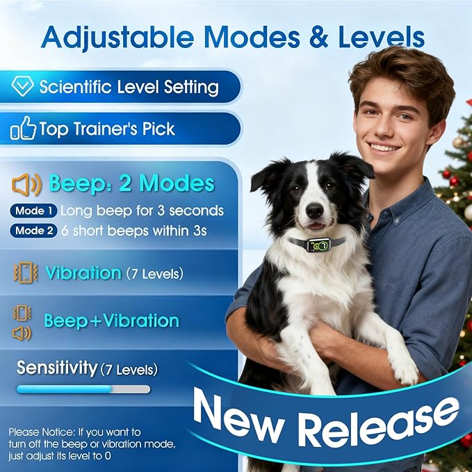 1S Stop Barking Smart Dog Bark Collar, Humane Anti Barking Device with Beep & Vibration, 7 Adjustable Sensitivity, Ultra-Light Bark Collar for Small Medium Large Dogs IP67 Waterproof Indoor Outdoor