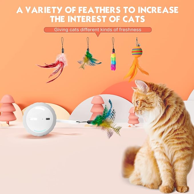 Interactive Cat Toys Ball - Electric Automatic Toys for Indoor cats, LED Lights and Toys Feather Tail with Sound Activated and Touch, USB Rechargeable, 2peeds Mode for Bored Kittens/Adult Cats/Ferret