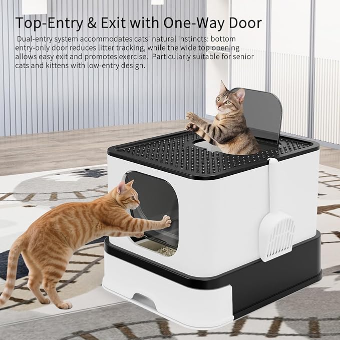 RIZZARI Stainless Steel Litter Box: Extra Large Design Prevents Leaks - Black Enclosed Cat Pan - with Deodorizer for Cats Under 25 lbs - Bathroom Balcony Use