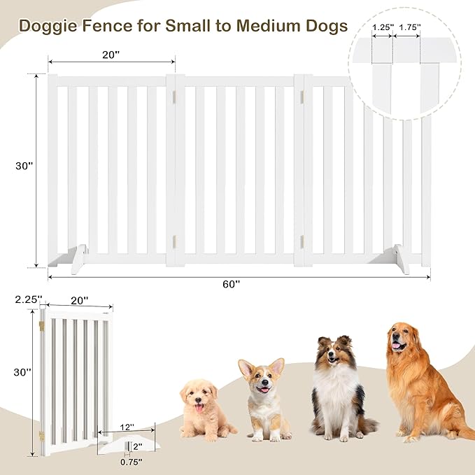 30" Height Tall Freestanding Pet Gate, Solid Wood Folding Safety Fence Wooden Dog Gate with 2 PCs Support Feet Ideal for Stairs, Doorways, Halls, Kitchens, Heavy Duty Gates, 3 Panels, White