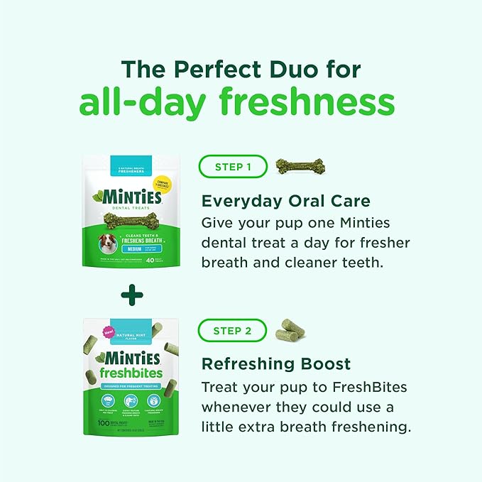 Minties Dental Chews for Dogs, 60 Count FreshBites Soft and Chewy Dental Treats for Dogs, 50 Count