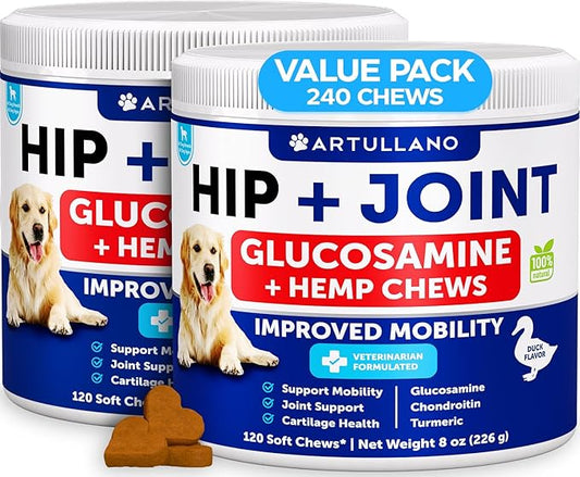 (2 Pack) Hemp Hip and Joint Supplement for Dogs - Glucosamine for Dogs Joint Pain Relief - Chews with Chondroitin, MSM, Hemp Oil - Mobility Support - Canine Cartilage Health - Made in USA