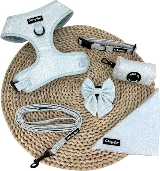 Large Dog Collar and Harness Set – No Pull, All-Weather, Breathable Harness & Leash Set with Collar, Bandana, Sailor Bow & Poop Bag Holder – Adjustable & Soft - Divine Petals on Jacquard Fabric