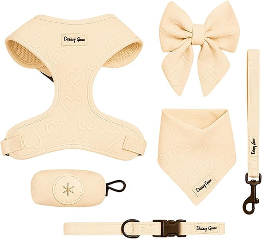 Small Dog Harness Set – Cute No Pull, All Weather, Breathable Harness and Leash Set with Collar, Bandana, Sailor Bow & Poop Bag Holder – Adjustable, Soft & Stylish - Cream Hearts on Jacquard Fabric