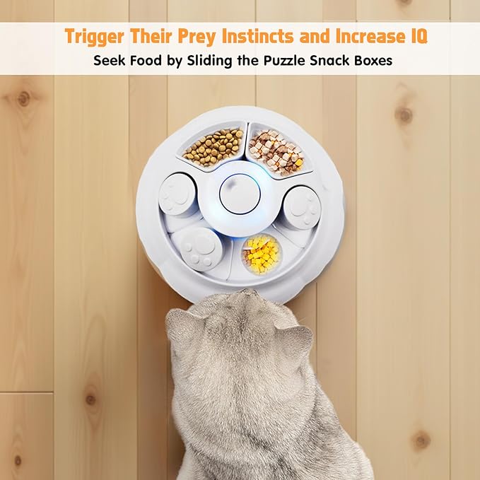 Crazydeer Interactive Cat Toys for Indoor Cats, 4in1 Pet Teaser Toy with Ambush Feather Wand, Motorized Fluttering Butterfly and Slow Feeder, Rechargeable Power Treat Puzzle Toys(White)