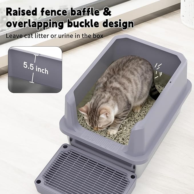 RIZZARI Cat Litter Box Large: Gray Stainless Steel Leakproof Open Top Tray for Odor Control - Bathroom Balcony Use - Multi-Cat Household Solution