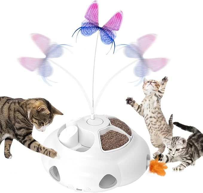 Crazydeer Interactive Cat Toys for Indoor Cats, 4in1 Pet Teaser Toy with Ambush Feather Wand, Motorized Fluttering Butterfly and Slow Feeder, Rechargeable Power Treat Puzzle Toys(White)