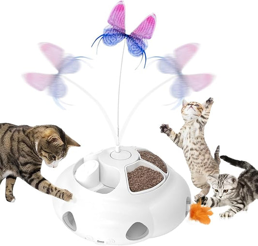 Crazydeer Interactive Cat Toys for Indoor Cats, 4in1 Pet Teaser Toy with Ambush Feather Wand, Motorized Fluttering Butterfly and Slow Feeder, Rechargeable Power Treat Puzzle Toys(White)