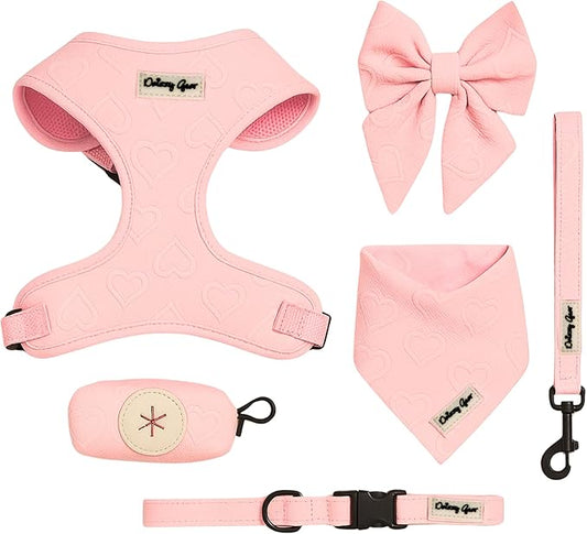 Large Dog Harness Set – Cute No Pull, All Weather, Breathable Harness and Leash Set with Collar, Bandana, Sailor Bow & Poop Bag Holder – Adjustable, Soft & Stylish – Pink Hearts on Jacquard Fabric