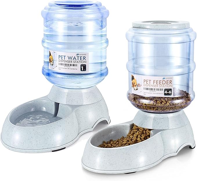 Flexzion Automatic Dog Feeder and Water Dispenser Set - 2 Pack, Self Dispensing Pet Gravity Feeder Dog Cat Food and Water Bowl Combo, 1 Gallon Automatic Water and Food Dispenser for Dogs and Cats