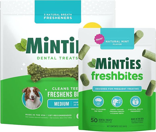 Minties Dental Chews for Dogs, 60 Count FreshBites Soft and Chewy Dental Treats for Dogs, 50 Count
