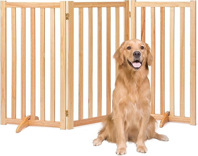 36" Height Extra Tall Freestanding Pet Gate, Solid Wood Folding Safety Fence Wooden Dog Gate with 2 PCs Support Feet Ideal for Stairs, Doorways, Halls, Kitchens, Heavy Duty Gates, 3 Panels, Oak