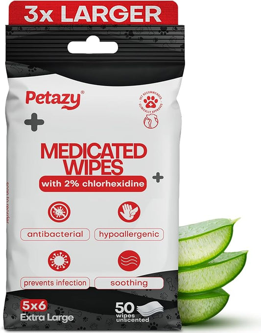 2% Chlorhexidine Wipes for Dogs 3X Larger | Yeast Infection Ringworm Fungus Hot Spot Itch Relief | Medicated Antibacterial Antifungal Gentle Soothing Topical Wipes for Dog Cat | 50 Wipes 5x6