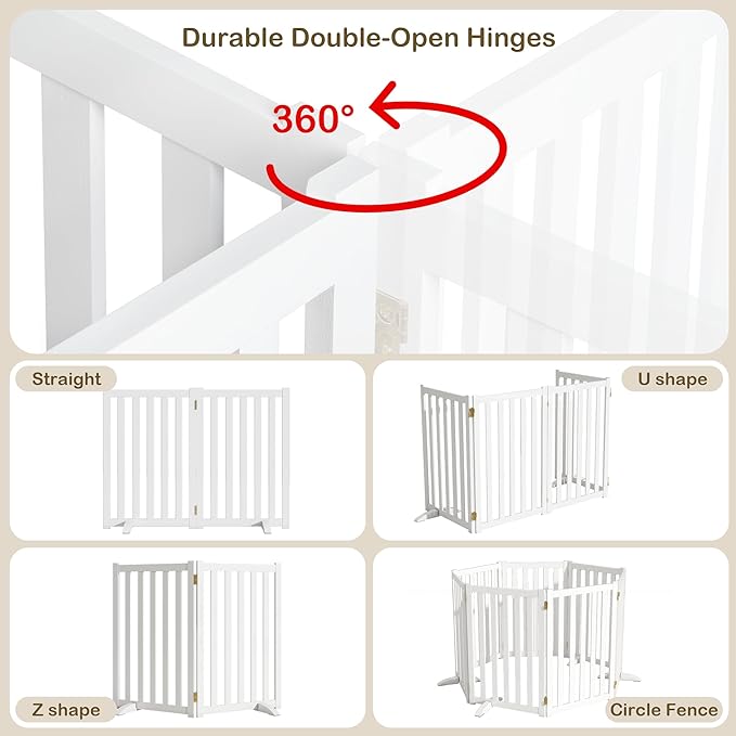 30" Height Tall Freestanding Pet Gate, Solid Wood Folding Safety Fence Wooden Dog Gate with 2 PCs Support Feet Ideal for Stairs, Doorways, Halls, Kitchens, Heavy Duty Gates, 2 Panels, White