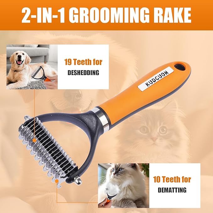 Pet Grooming Combo, featuring a Deshedding Brush and Dematting Combs, is specifically tailored for long-haired dogs and cats with tangled hair