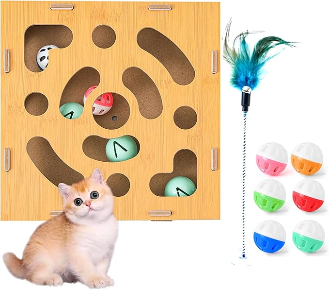 YAGUAN Cat Scratch Puzzle Enrichment Box,Cat Toy Box for Indoor,Cat Toy Box with 2 Balls & 1 Cats Teasers
